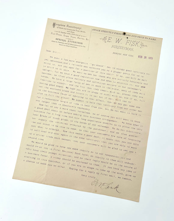 1901 Fascinating Human Resources Job Offer Letter to a Salesman from the Company’s Owner