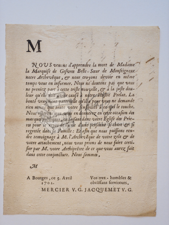 1702 French Death Notice Connected to French Nobility and the Case of Marguerite Mercier