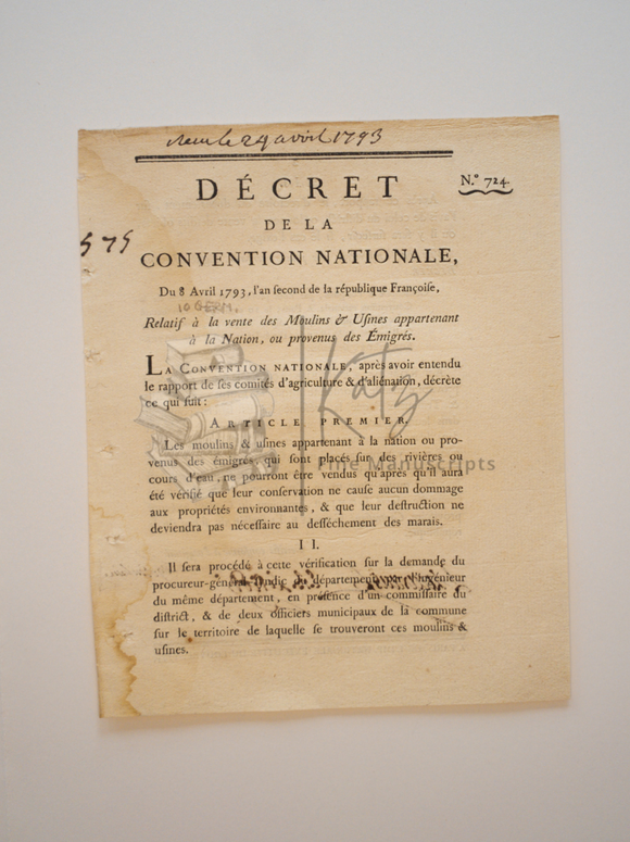 1793 Decree of the National Convention of France Addressing Emigres of the French Revolution